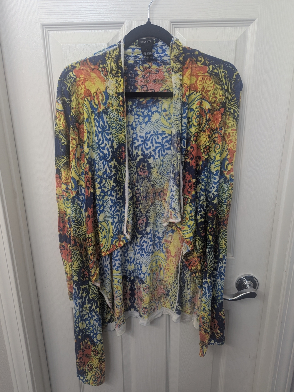 Focus 2000 Open-Front Cardigan in Blue, Yellow & Orange Print